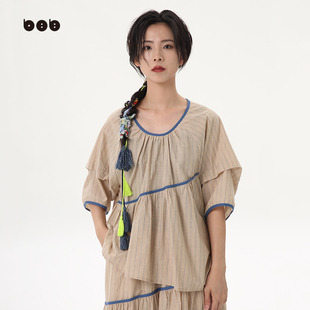 T恤 白目自純棉短袖 女原創(chuàng)設(shè)計(jì)撞色條紋溫柔氣質(zhì)小衫 商場同款