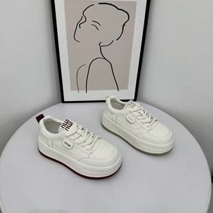 圓頭系帶舒適百搭輕便顯瘦休閑板鞋 真皮厚底小白鞋 女2025早秋新款