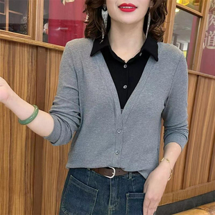 氣質大碼 螺紋德絨媽媽裝 長袖 時尚 女衛衣 polo領假兩件t恤女打底衫