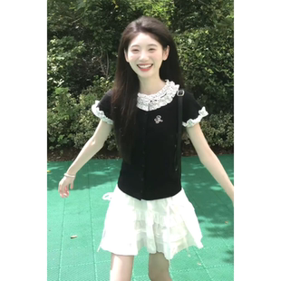 掐腰小眾清新百搭套裝 學院風修身 T恤女夏季 韓系波點木耳花邊短袖
