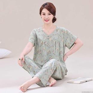 中老年綢短袖 綿綢可外穿家居服套裝 薄款 夏季 媽媽裝 純棉睡衣女夏款