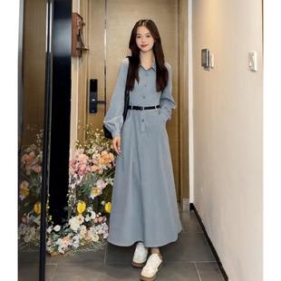 初秋高級感法式 2025秋季 連衣裙子女裝 小個子藍色氣質襯衫 長裙 新款