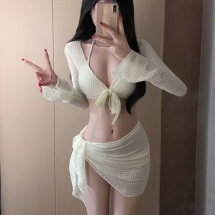 泡溫泉純欲風小胸 游泳衣女長袖 2025新款 保守四件套比基尼分體裙式