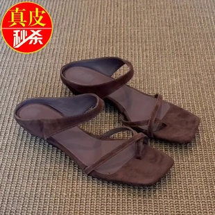 一字帶配裙子方頭外穿涼拖鞋 新款 女夏季 真皮復古簡約夾趾坡跟涼鞋