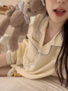 家居服套裝 小清新格子睡衣女夏純棉紗布簡約翻領可愛少女短袖 短褲