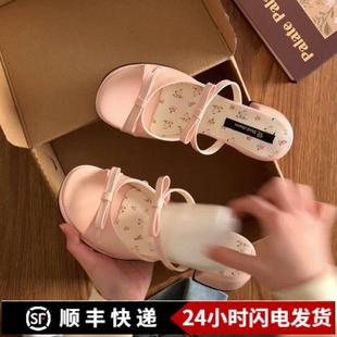 新款 2025夏季 女涼拖配裙子油畫少女洋氣涼鞋 甜美蝴蝶結高跟鞋