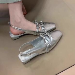 低跟蝴蝶結銀色包頭涼鞋 小皮鞋 女2025新款 瑪麗珍淺口單鞋 夏季 法式