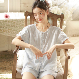 純棉睡衣女2025新款 甜美花邊透氣家居服套裝 短袖 法式 短褲 夏季