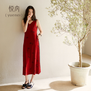 吊帶背心連衣裙子紅色 夏天莫代爾無袖 悅內帶胸墊睡裙女款 睡衣夏季