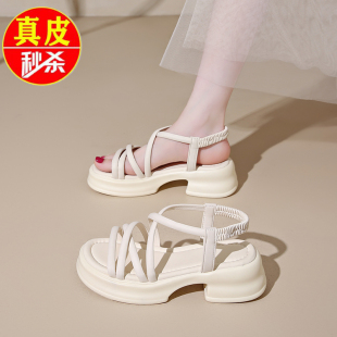 女夏天外穿2025新跟配裙子一字帶高跟鞋 品牌真皮女鞋 厚底羅馬涼鞋