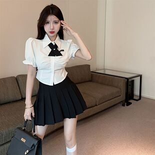 襯衫 甜辣jk制服套裝 學院風泡泡袖 減齡修身 百褶短裙兩件套 裙女夏季