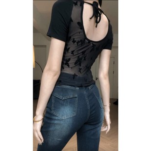 顯瘦甜辣小上衣 性感辣妹露背修身 黑色微透網紗拼接短袖 T恤女夏季