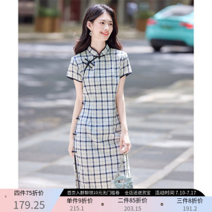 A字連衣裙 立領中長款 民國風文藝復古格子旗袍裙女短袖 2025夏新款