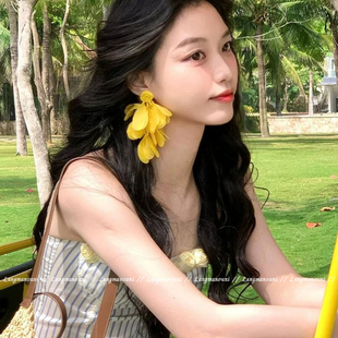 爆款 2025新款 海邊度假風耳釘耳飾 黃色花瓣流蘇耳環女款 明媚島嶼