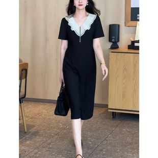 新款 連衣裙女2025夏季 顯瘦中長A字裙子 設計感荷葉邊拼色短袖 時尚