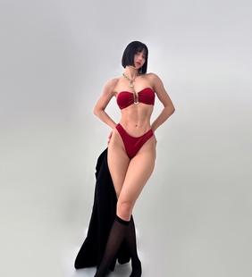 FREEBOO 性感純欲紅藍色U形分體泳衣露背抹胸女士比基尼溫泉辣妹