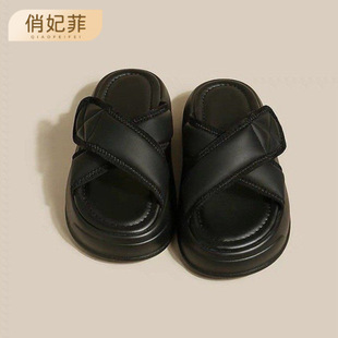 女新款 百搭涼鞋 百搭魔術貼黑色拖鞋 外穿時尚 女夏季 踩屎感厚底拖鞋