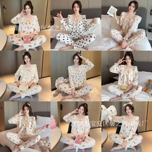 可愛甜美舒適泡泡皺少女家居服套裝 春季 睡衣女花邊方領(lǐng)蝴蝶結(jié)套裝