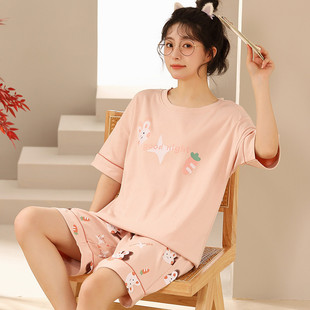短袖 褲 大碼 新品 兩件套裝 純棉可愛韓版 寬松薄款 春秋天家 睡衣女夏季
