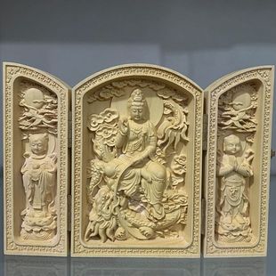 黃楊木雕刻隨身把玩小佛盒人物汽車擺件裝 飾復古三開盒創意工藝品