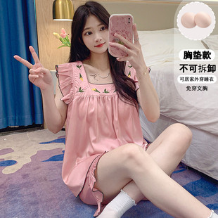 大碼 新品 甜美愛心吊帶花邊寬松中長款 新款 睡衣家 帶胸墊睡裙女夏季