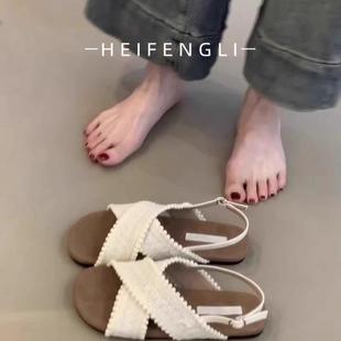 現(xiàn)貨羊皮版 女外穿復(fù)古軟底舒適沙灘平 度假風(fēng)交叉帶圓頭百搭涼鞋