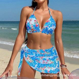 新款 歐美泳衣比基尼性感露背三件套藍色印花bikini分體外貿泳裝