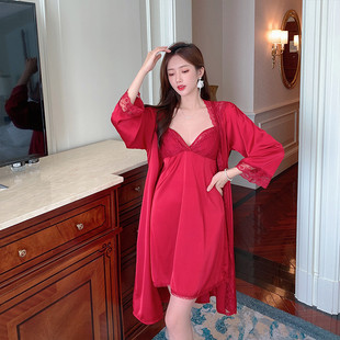 新品 睡袍新娘晨 2025年夏結婚睡衣新婚女性感冰絲吊帶睡裙兩件套裝