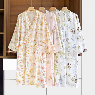 現貨日系純棉和服睡袍女薄款 汗蒸浴袍家居服春夏秋 紗布印花中長款