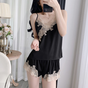 套裝 新品 冰絲吊帶短褲 性感睡衣女夏季 高級(jí)感蕾絲誘惑家居 2025新款
