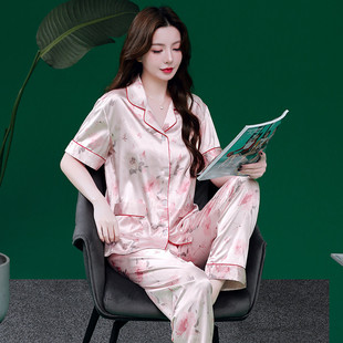 睡衣套裝 女款 短袖 長褲 冰絲絲綢中年媽媽春夏天女士居 新品 薄款 夏季