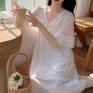 網紗蕾絲花邊宮廷風睡裙大碼 睡衣女五分袖 家居服2025年 春夏季 新品