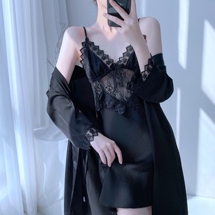 薄款 性感睡衣女夏季 冰絲涼感睡袍睡裙兩件套帶胸墊純 2025新品 新品