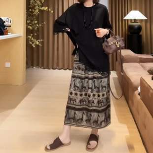 高腰垂感顯瘦開叉a字中長裙 大碼 復古印花休閑半身裙女夏季 薄款