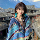 云南麗江民族風藍色旅游披肩女外搭氛圍感時尚 披風斗篷針織圍巾女