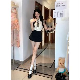 上衣套裝 設計感系帶蝴蝶結飛飛袖 女夏短袖 甜美木耳花邊立領襯衫