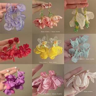 花落黃昏 夸張耳飾耳釘耳墜飾品 度假風超仙黃色雪紡花朵耳環個性