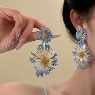 海邊假日度假風藍色太陽花朵耳環女2025新款 耳釘拍照耳飾品