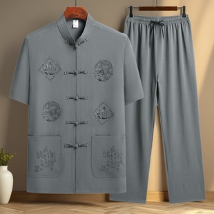 立領中國風刺繡中老年爺爺襯衣爸爸裝 唐裝 夏季 套裝 漢服 男冰絲短袖