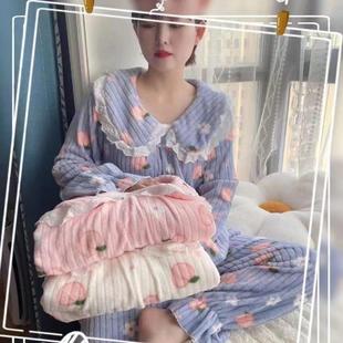 女 兩件套裝 花邊睡衣女珊瑚絨新款 娃娃領(lǐng)甜美可愛(ài)加厚保暖套頭長(zhǎng)袖