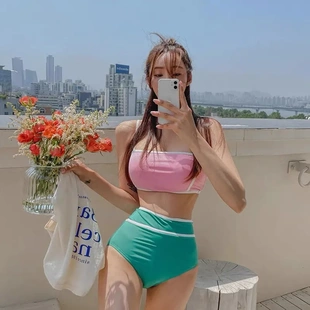 泳裝 韓國ins風(fēng)可愛少女撞色抹胸顯瘦高腰保守分體游泳衣女 女跨境