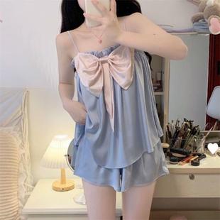 2022年新款 家居服感廠家正品 薄款 夏款 結吊帶套裝 冰絲睡衣女夏季