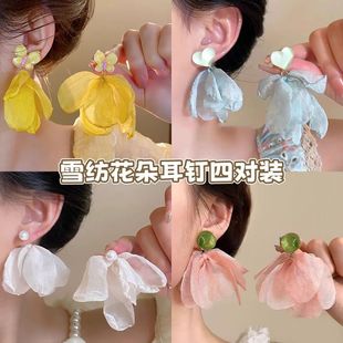 海邊超仙花瓣花朵雪紡耳環2025新款 春夏高級度假耳釘甜美氣質耳飾