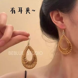 藤編竹籃 復古波西米亞海邊度假編織耳釘女耳環小眾獨特夸張耳飾