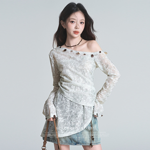 氣質上衣女 不規則襯衫 2025早春新款 海邊度假風甜美辣妹斜肩小衫