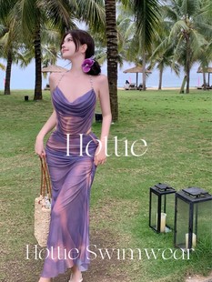 性感女神bikini三件套長裙比基尼沙灘溫泉度假分體泳衣 紫羅蘭