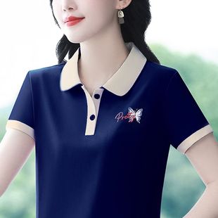 外貿尾貨清倉純棉中年媽媽POLO衫 T恤女顯瘦百搭上衣 翻領拼接短袖