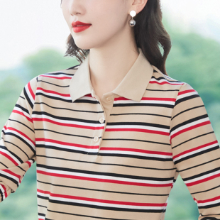 條紋T恤中年媽媽polo打底衫 外貿尾貨清倉撿漏女襯衫 純棉春秋長袖