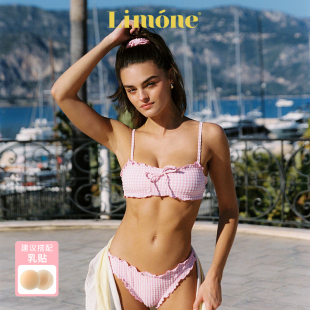 Limone2025新款 吊帶粉色比基尼海邊度假風 分體泳衣小眾設計感泳裝