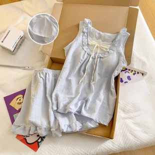 自帶胸墊防凸點(diǎn)家居服套裝 藍(lán)色花邊吊帶背心睡衣女夏季 云朵棉薄款